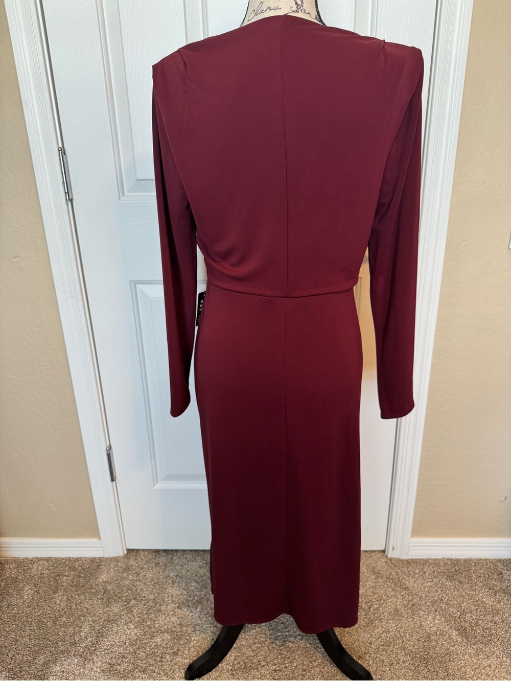 Express Women’s Burgundy Long-Sleeve Ruched Midi Dress Medium - Picture 5 of 12